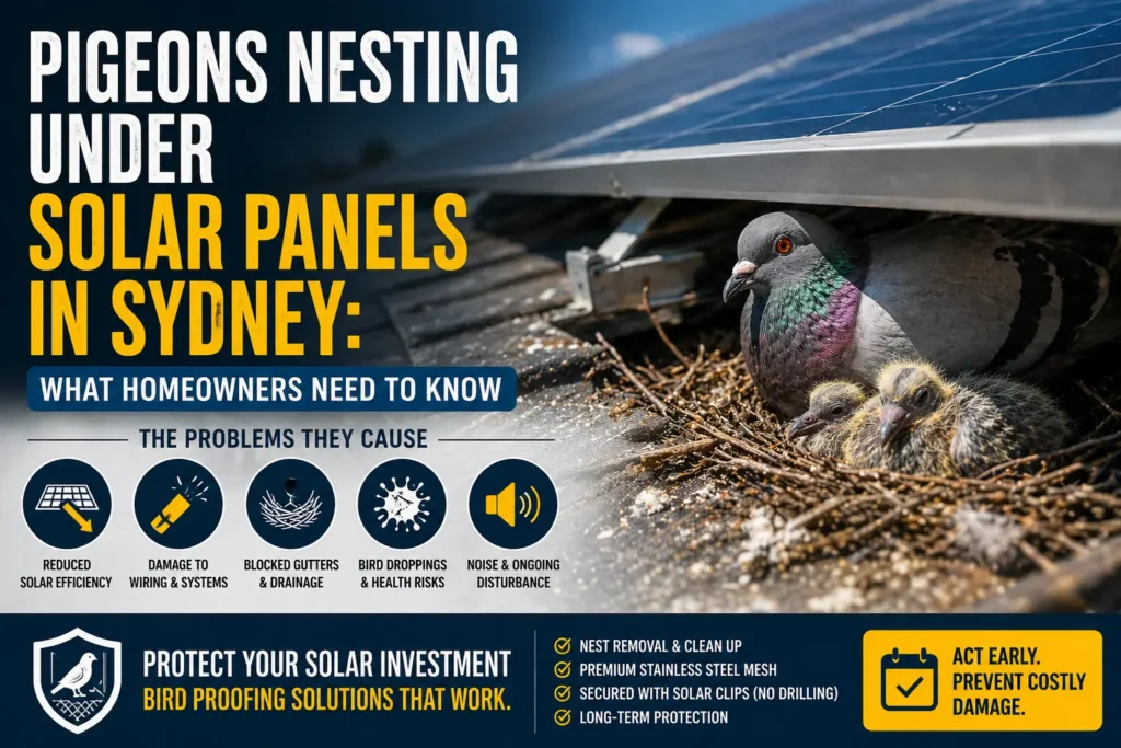 Pigeons nesting under solar panels on a Sydney roof with nest debris and bird droppings
