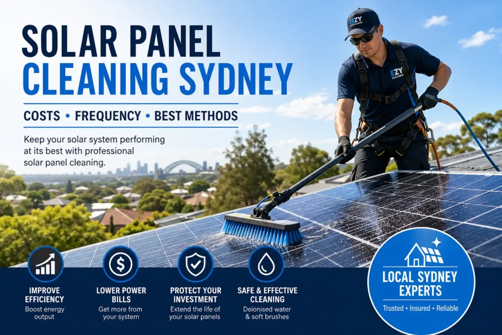 Technician cleaning rooftop solar panels in Sydney using a soft brush and purified water system