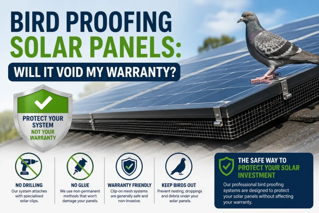 Bird proofing mesh installed on solar panels using a warranty-friendly no-drill attachment system