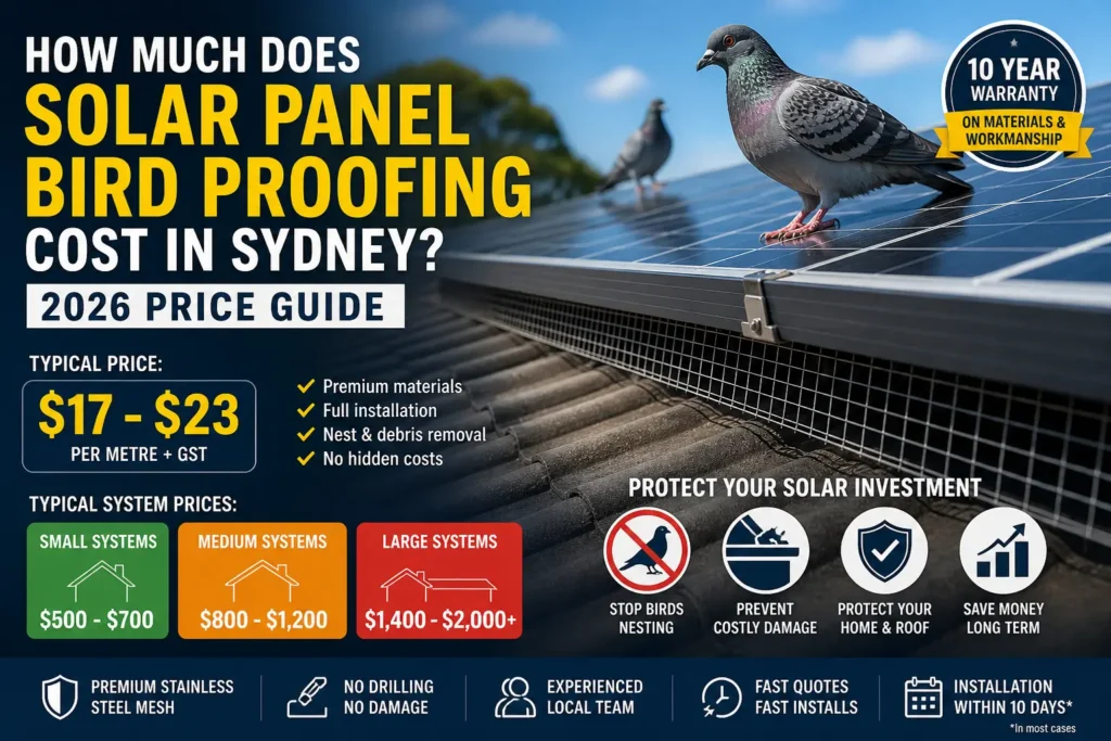 Solar panel bird proofing cost guide in Sydney showing mesh installation and typical pricing for different system sizes