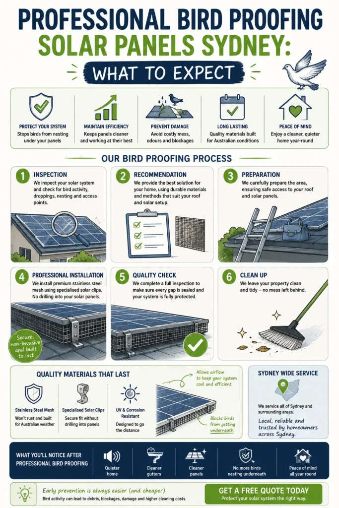 Professional solar panel bird proofing process in Sydney showing inspection, mesh installation and system protection
