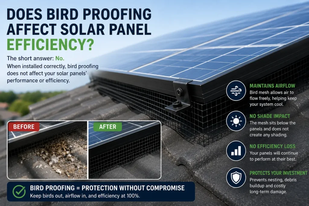 Solar panel bird proofing mesh installed around rooftop solar panels showing how bird proofing prevents nesting without affecting solar panel efficiency.