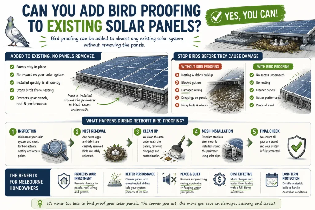 Bird proofing added to existing solar panels showing the retrofit installation process and benefits of solar panel bird mesh