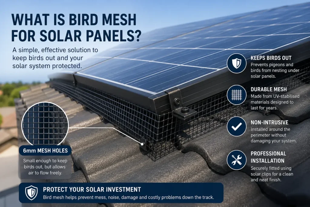 Solar panel bird mesh installed on a Sydney rooftop to prevent pigeons nesting under solar panels and protect the solar system from bird damage.