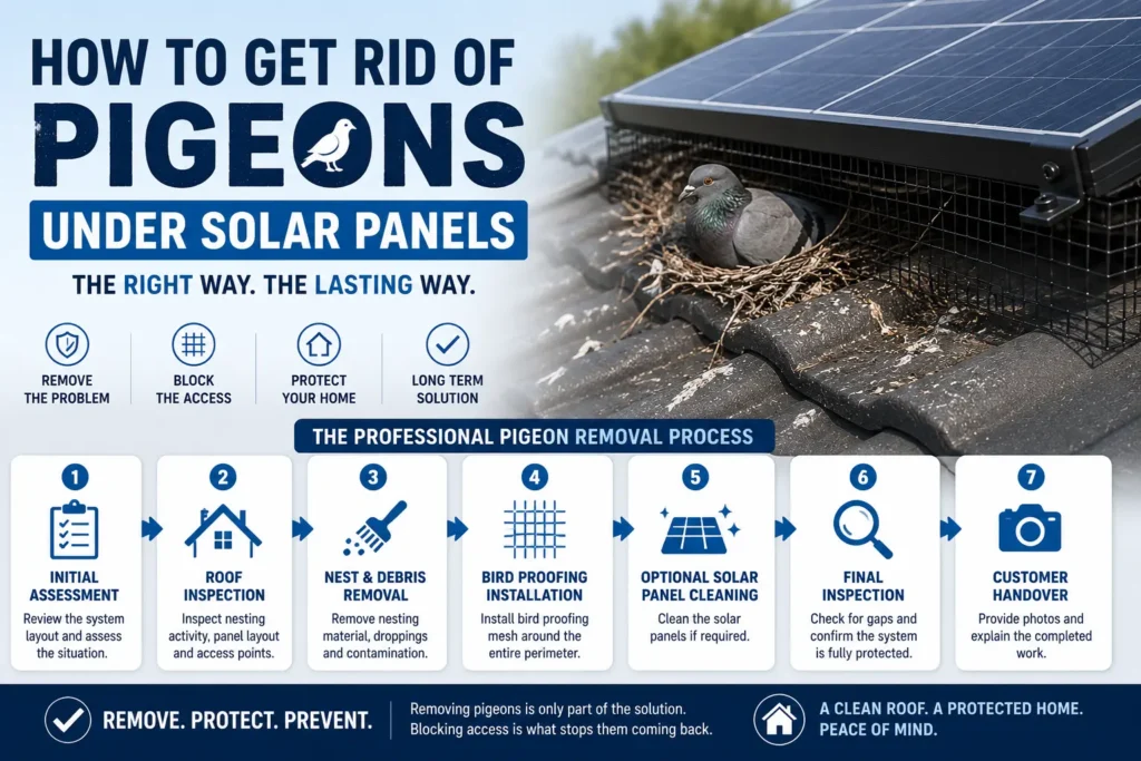 Infographic showing the professional process of removing pigeons from under solar panels, including nest removal, bird proofing mesh installation and optional solar panel cleaning.