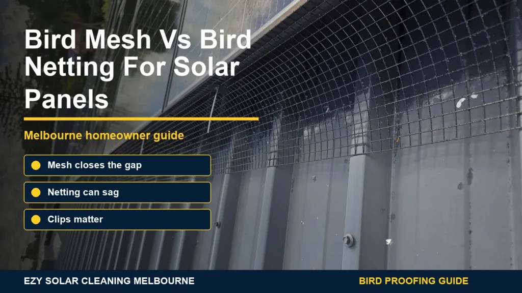 Close-up of black bird mesh fitted around rooftop solar panels with infographic callouts comparing mesh and netting