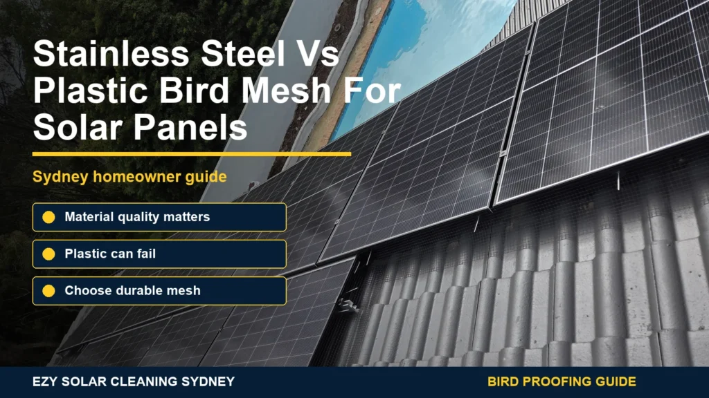 Close-up of black solar panel bird mesh and clips with infographic callouts comparing stainless steel and plastic mesh