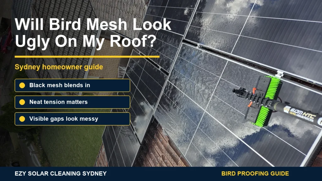 Real solar panels with neat black bird proofing mesh fitted along the edge and infographic callouts about roof appearance