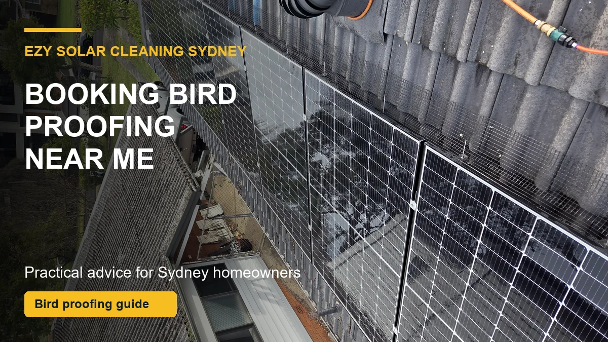 Real solar panel bird proofing mesh on a roof with booking checklist callouts for Sydney homeowners