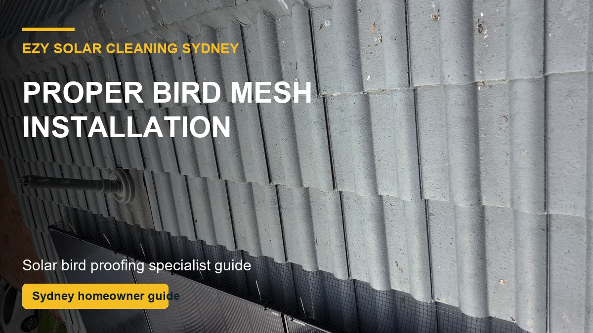 Professional solar panel bird mesh installation around panel edges on a Sydney-style roof