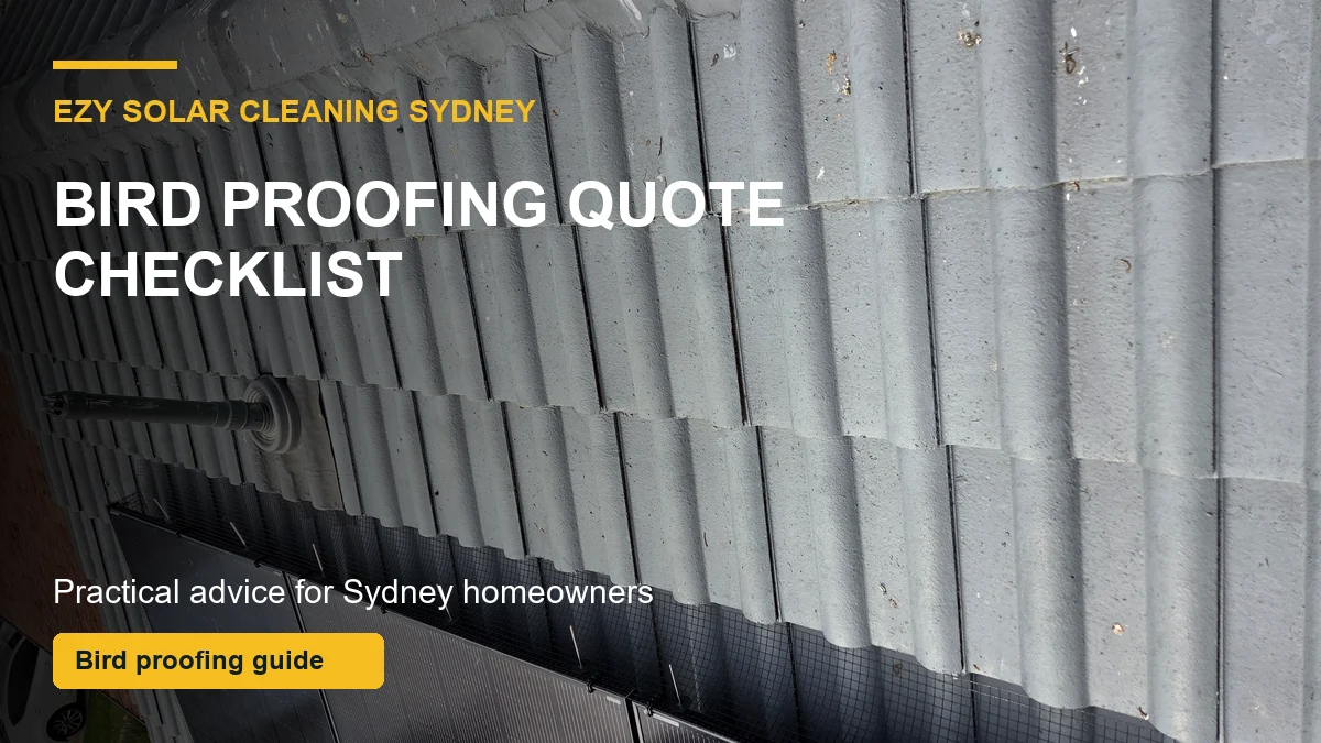 Solar panel bird mesh installed around panels with checklist overlay for a Sydney bird proofing quote