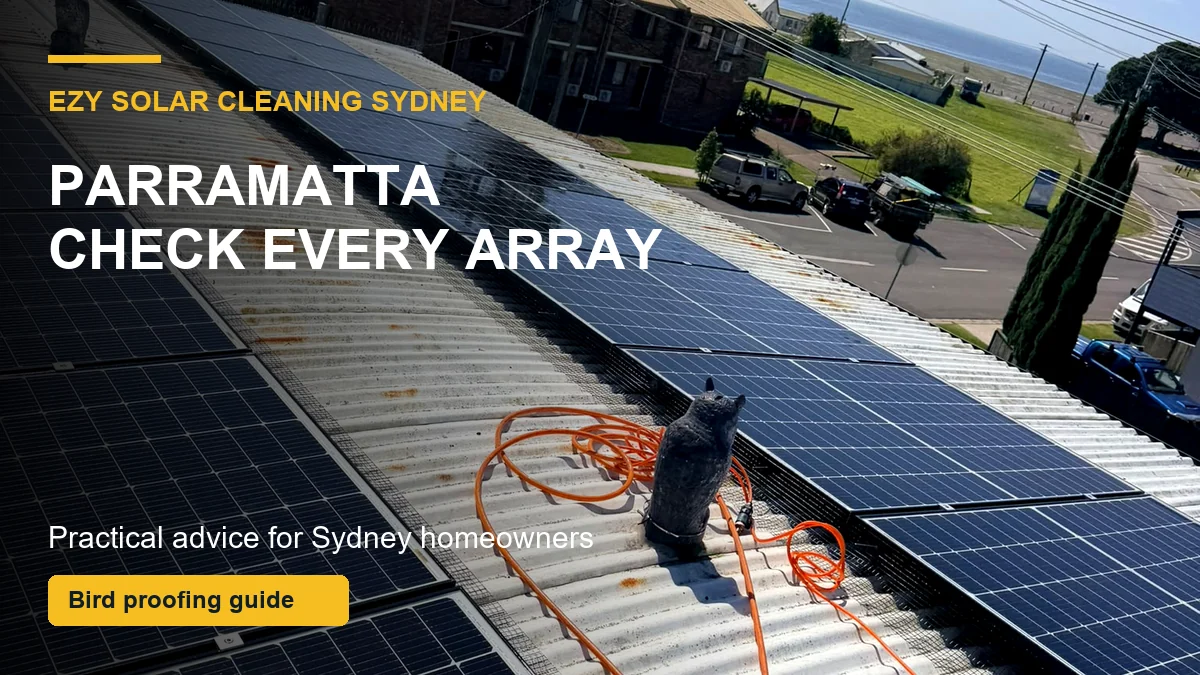 Completed mesh protection around multiple clean solar panel arrays illustrating checks for garages and extensions